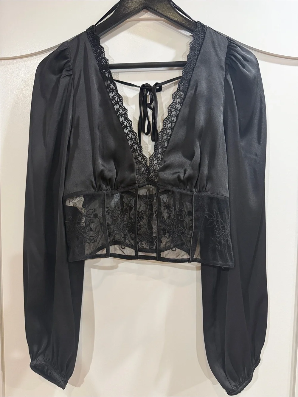 Zara Black Lace-Trim V-Neck Sheer Panel Crop Blouse
